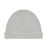 A baby beanie hat with thin horizontal gray and white stripes