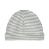 A baby beanie hat with thin horizontal gray and white stripes