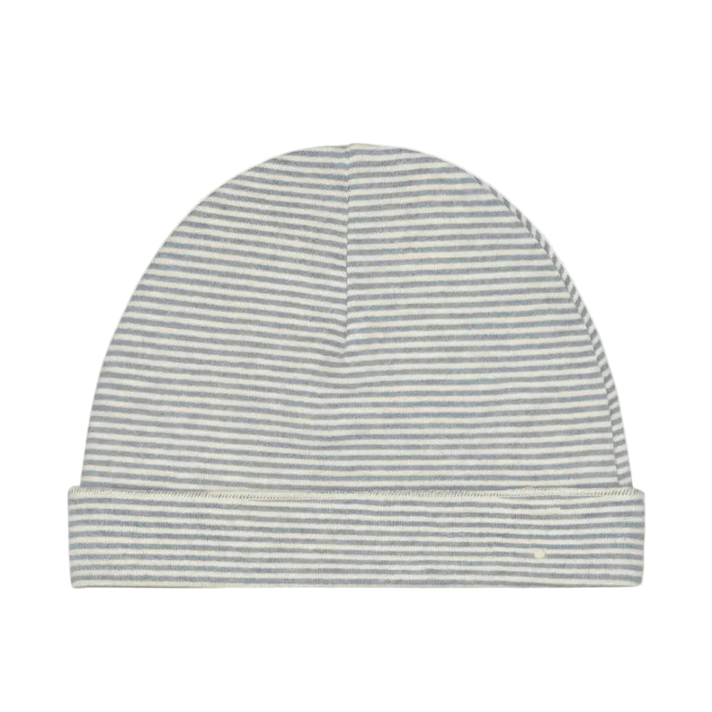 A baby beanie hat with thin horizontal gray and white stripes