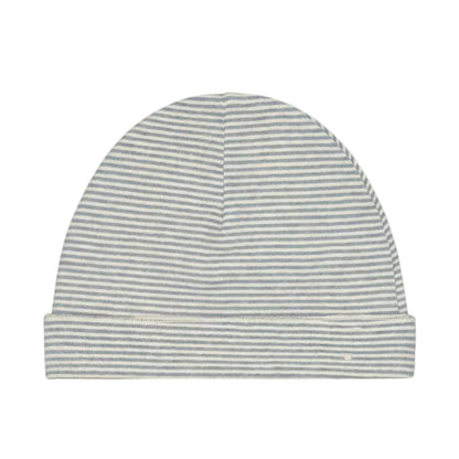 A baby beanie hat with thin horizontal gray and white stripes