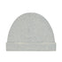 A baby beanie hat with thin horizontal gray and white stripes