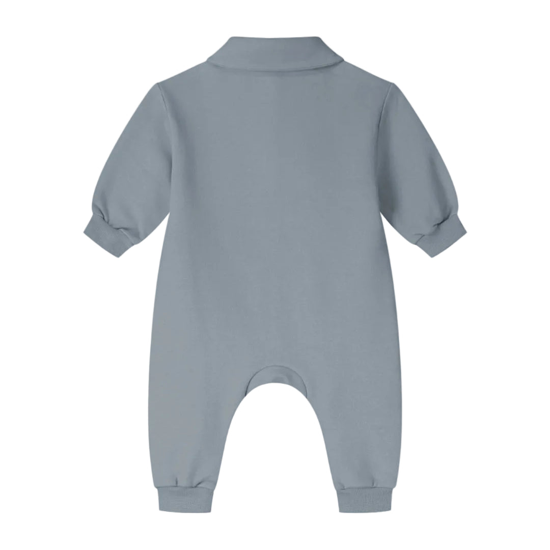 A baby long-sleeve footless romper in a dusty slate blue color