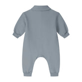 A baby long-sleeve footless romper in a dusty slate blue color