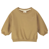 A long-sleeve sweatshirt in a warm camel tan color, featuring a crew neck and a small white embroidered logo on the left chest.