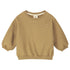 A long-sleeve sweatshirt in a warm camel tan color, featuring a crew neck and a small white embroidered logo on the left chest.