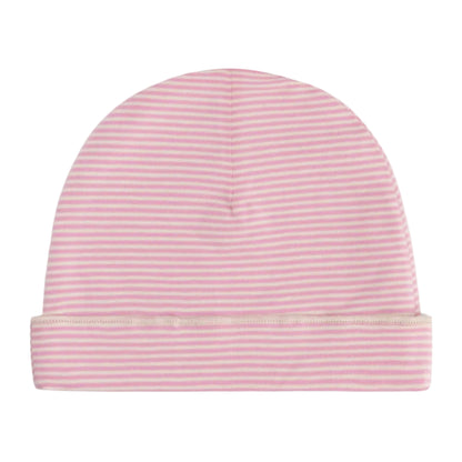 A pink and white striped knit beanie hat with a folded cuff