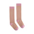 A pair of knee-high socks with a fine pink and orange striped pattern, featuring solid pink heels, toes, and ribbed cuffs.