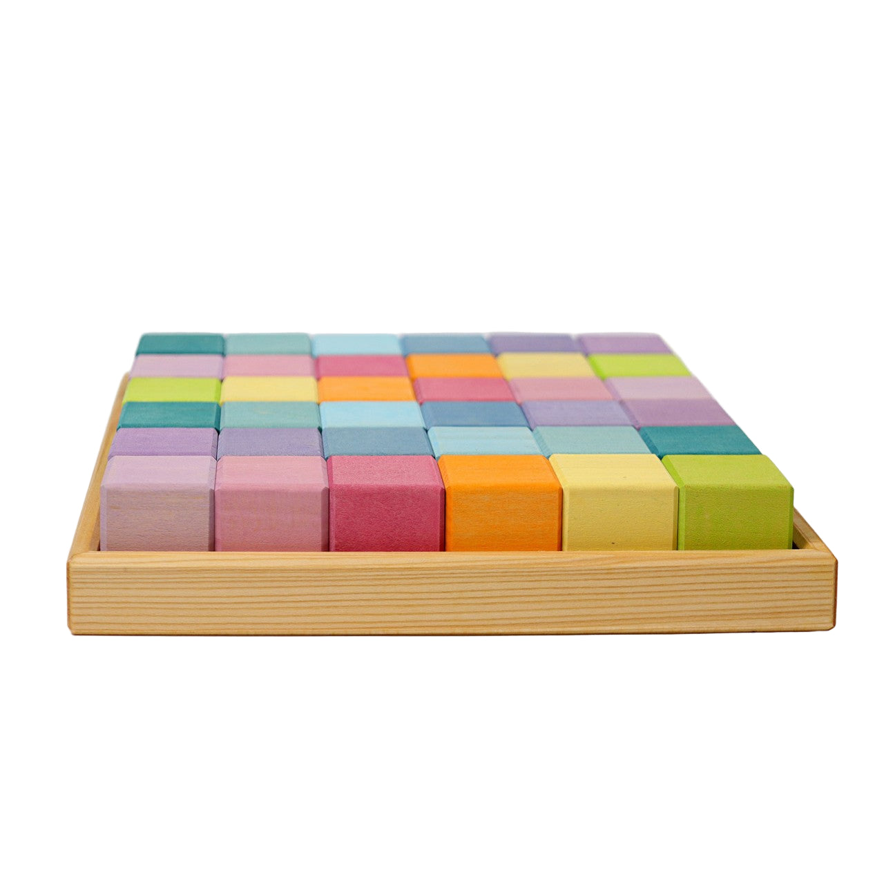 Set of colorful wooden blocks in a wooden tray
