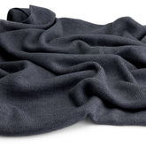 Close-up of the knitted merino wool fabric of the Hazel & George Hazel Merino Baby Blanket in Charcoal, draped on a white background