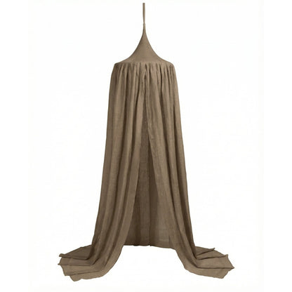 Hazel &amp; George Linen Bed Canopy in Mosswood, hanging in soft folds down to the floor, on a white background
