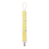A yellow fabric baby clip with a white loop strap and a silver metal clip, featuring a yellow, white and black geometric pattern.