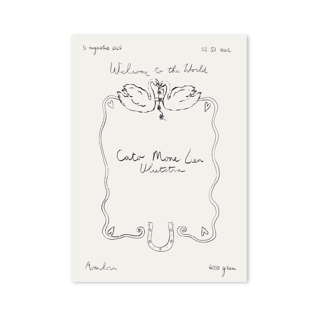 A cream-colored print featuring a black line-art border, two swans, a horseshoe, and handwritten-style text including &