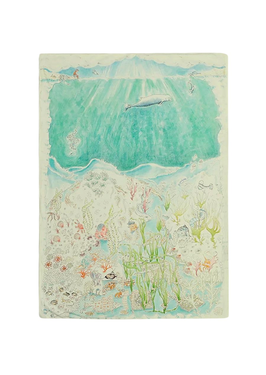 A reversible baby muslin swaddle illustrated with a beautiful sea-themed scene, designed as a cozy wrap for magical dreaming.