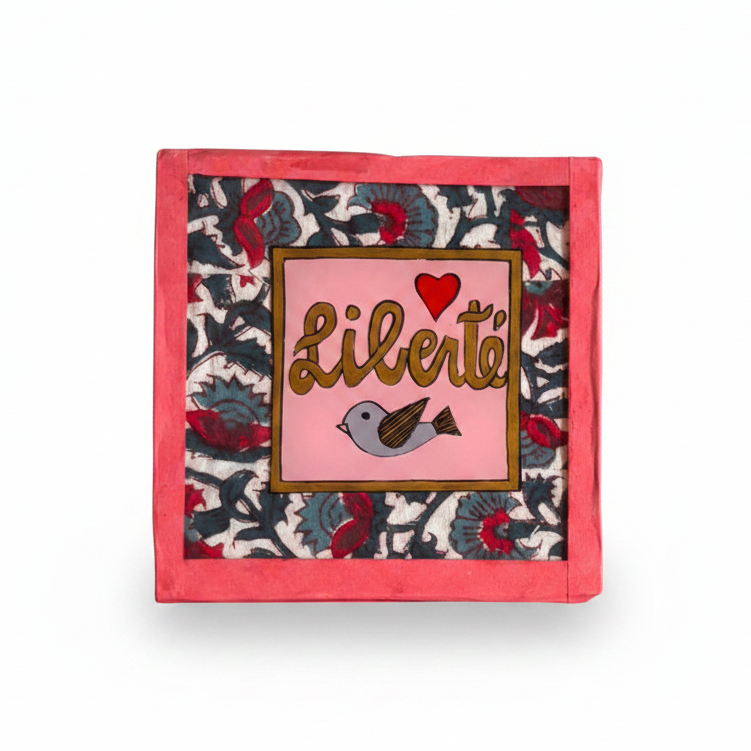 A square mini painting with a coral pink border, featuring the word &