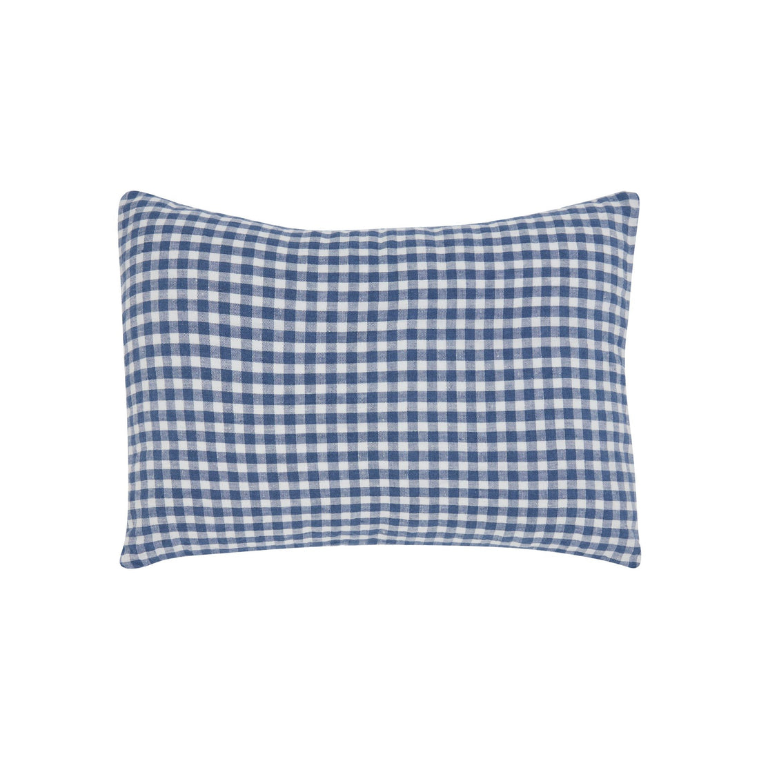 Hazel &amp; George Linen Cushion Cover in Vichy, a linen pillow with a blue-and-white check pattern, on a white background