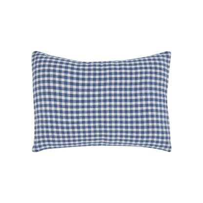 Hazel &amp; George Linen Cushion Cover in Vichy, a linen pillow with a blue-and-white check pattern, on a white background