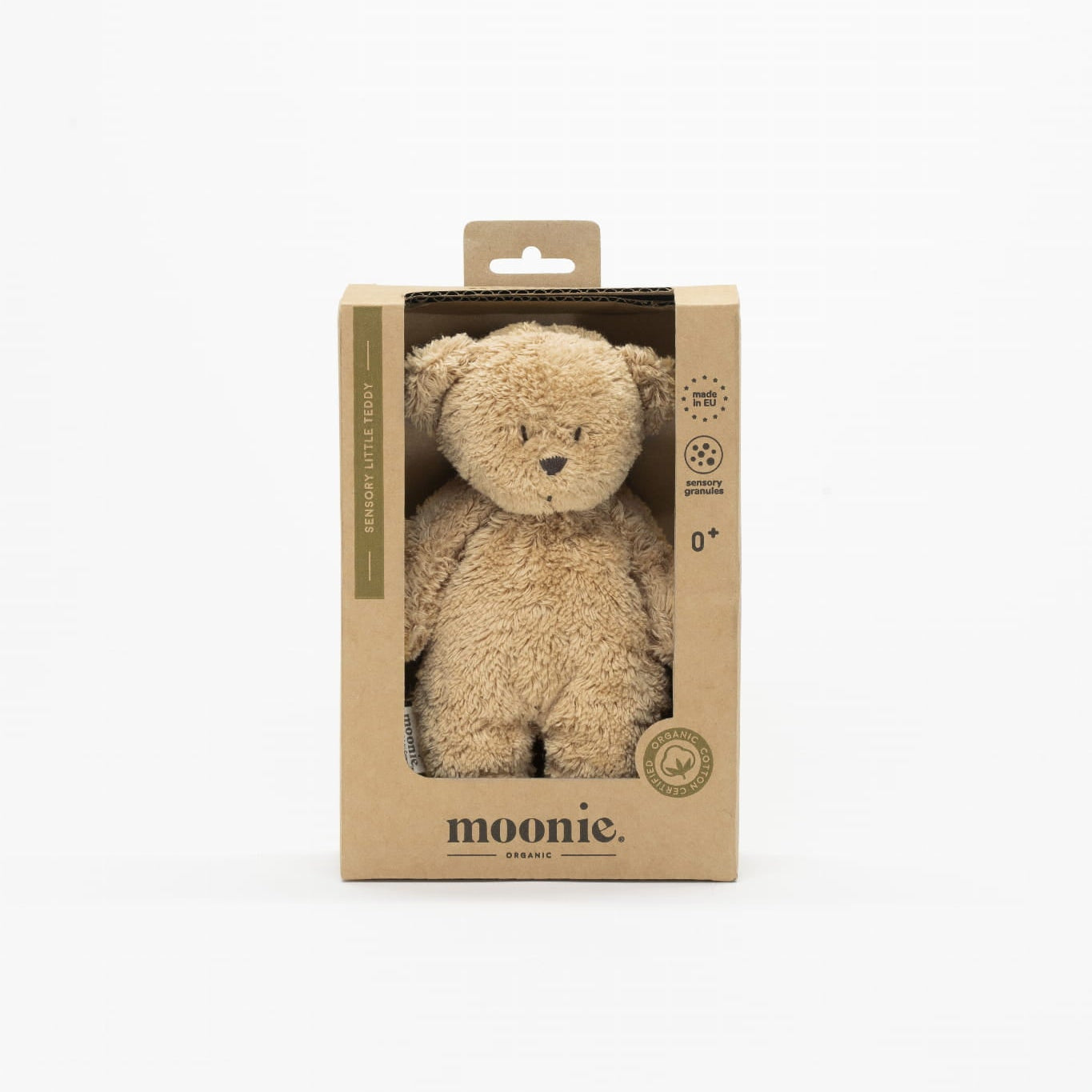 small soft teddy bear in box for baby by Moonie