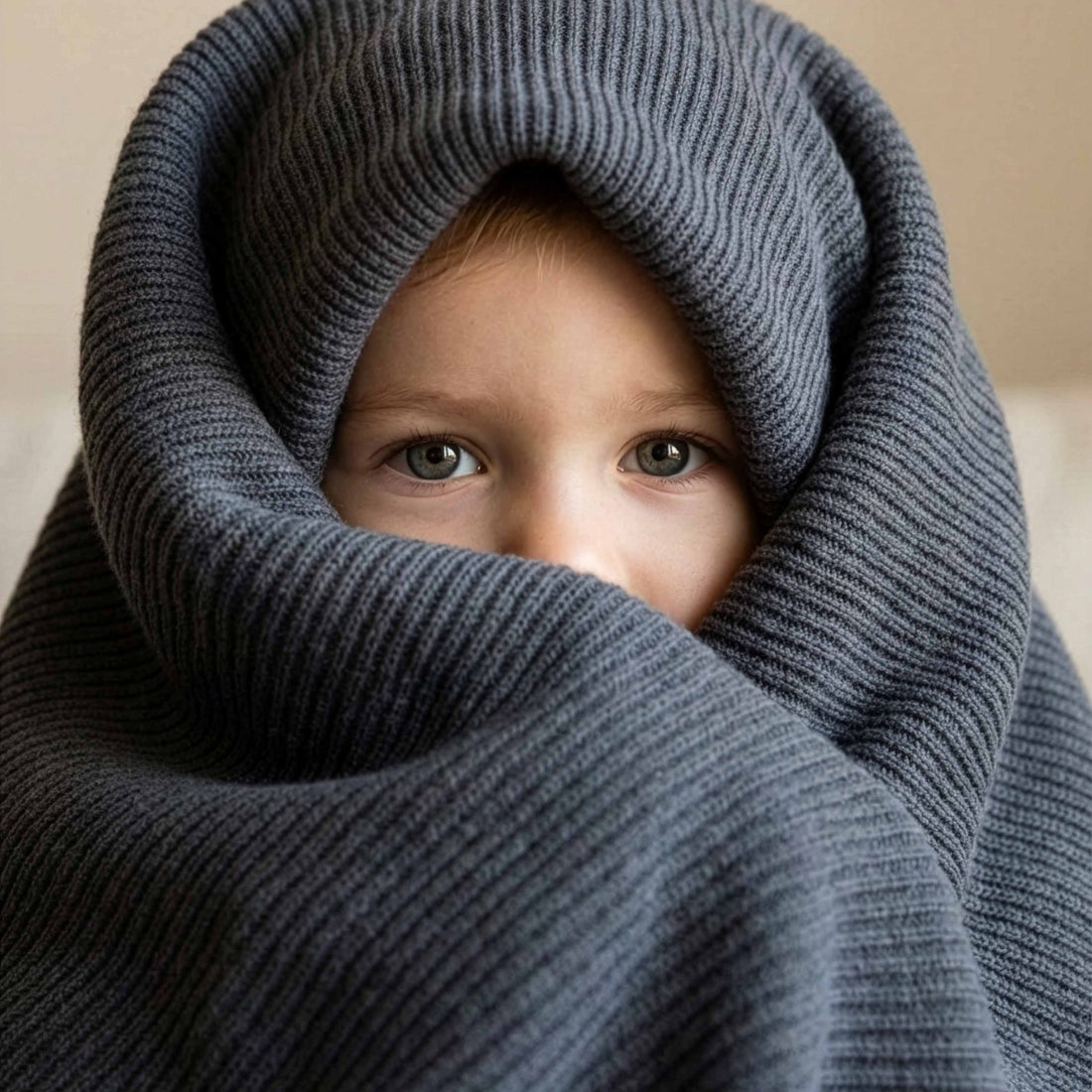 Toddler wrapped up in a Hazel &amp; George Moss Large Merino Blanket in Charcoal, peeking out with only their eyes visible