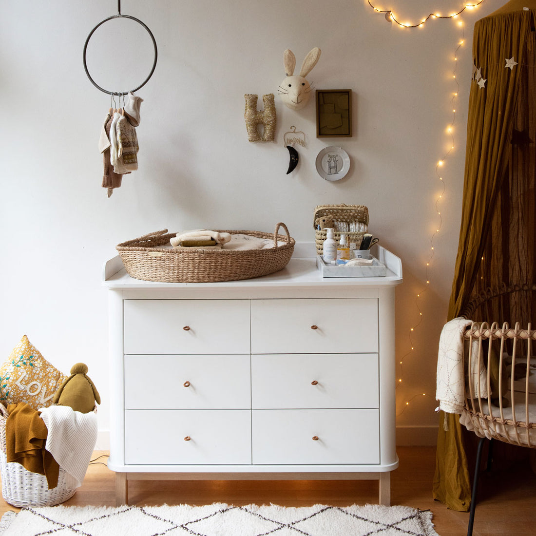Wood Nursery Dresser 6 Drawers Large Top White/Oak
