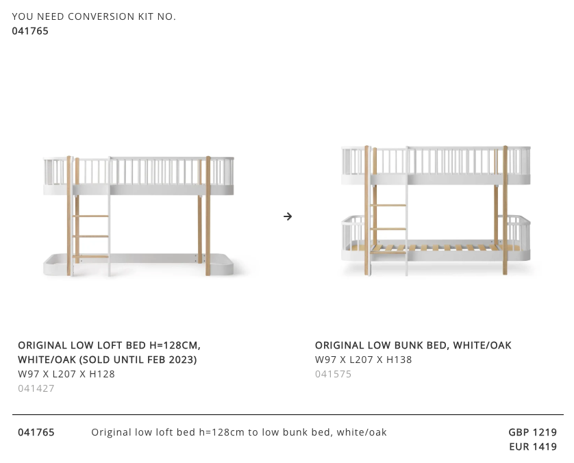 Original low loft bed h=128cm to low bunk bed, white/oak