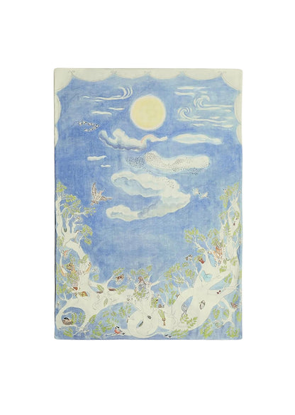A reversible baby muslin swaddle illustrated with a dreamy outer-space scene, designed as a cozy wrap for magical dreaming.