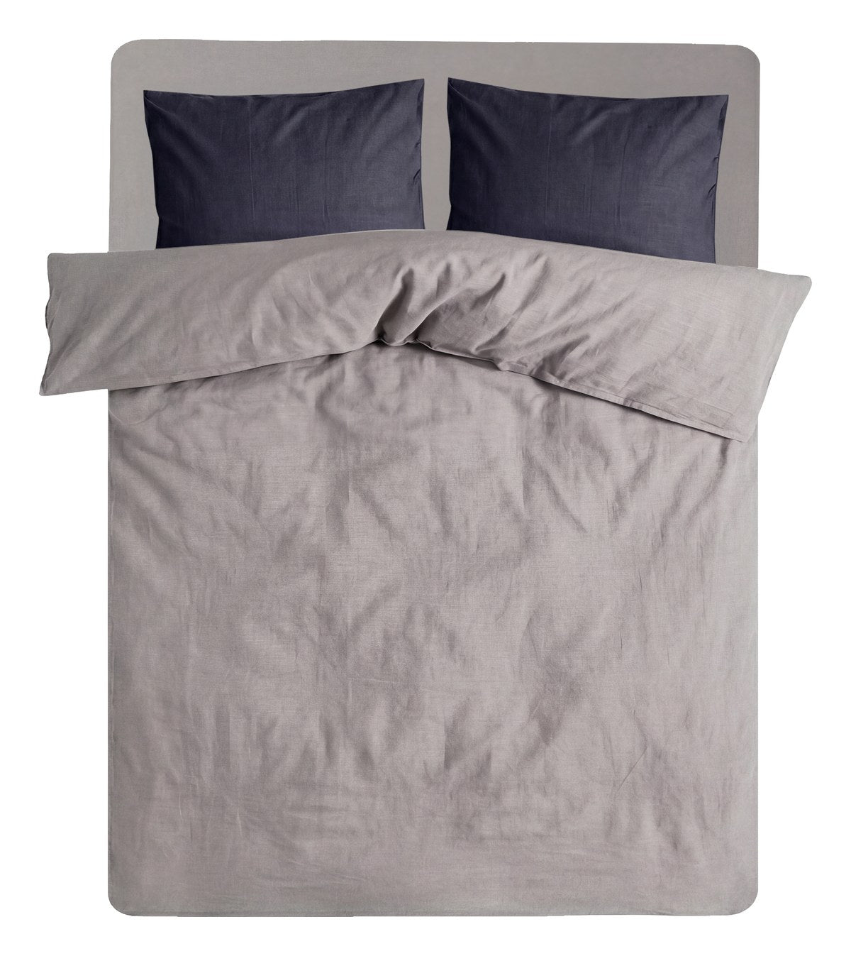 Queen or king bed set with French Grey fitted and duvet, and Off Black cushions
