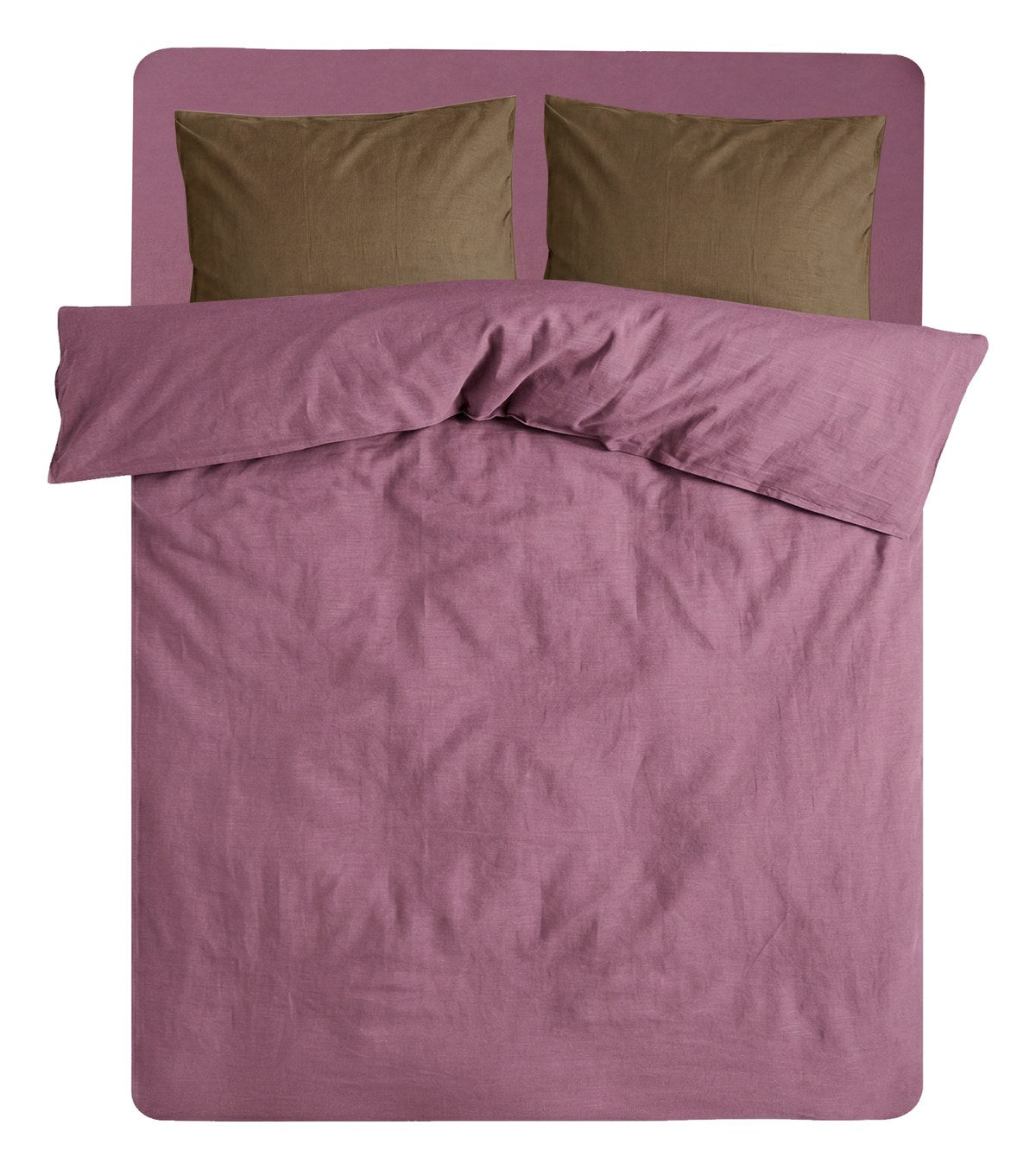 Queen or king bed set with Plum fitted and duvet, and Mosswood cushions