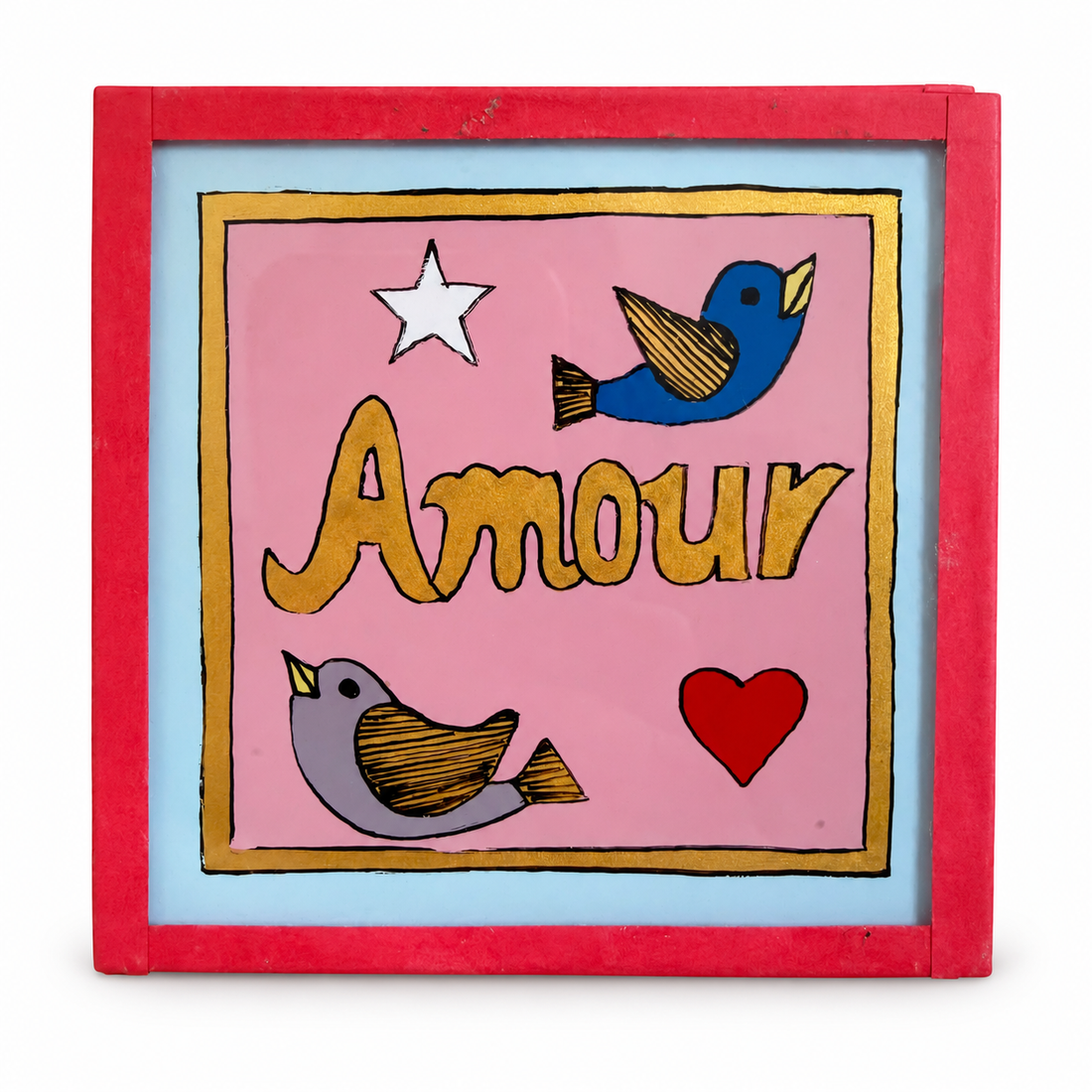 CSAO Goudkleurige letters ‘Amour’ op roze met lichtblauwe randen, blauwe en lila vogels, een witte ster, rood hart en rode lijst