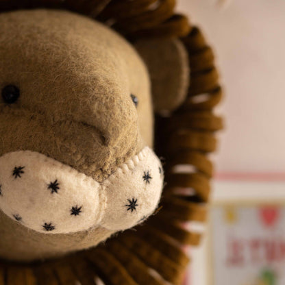 Close-up detail of the Fiona Walker England Animal Head Mini Lion wall decoration