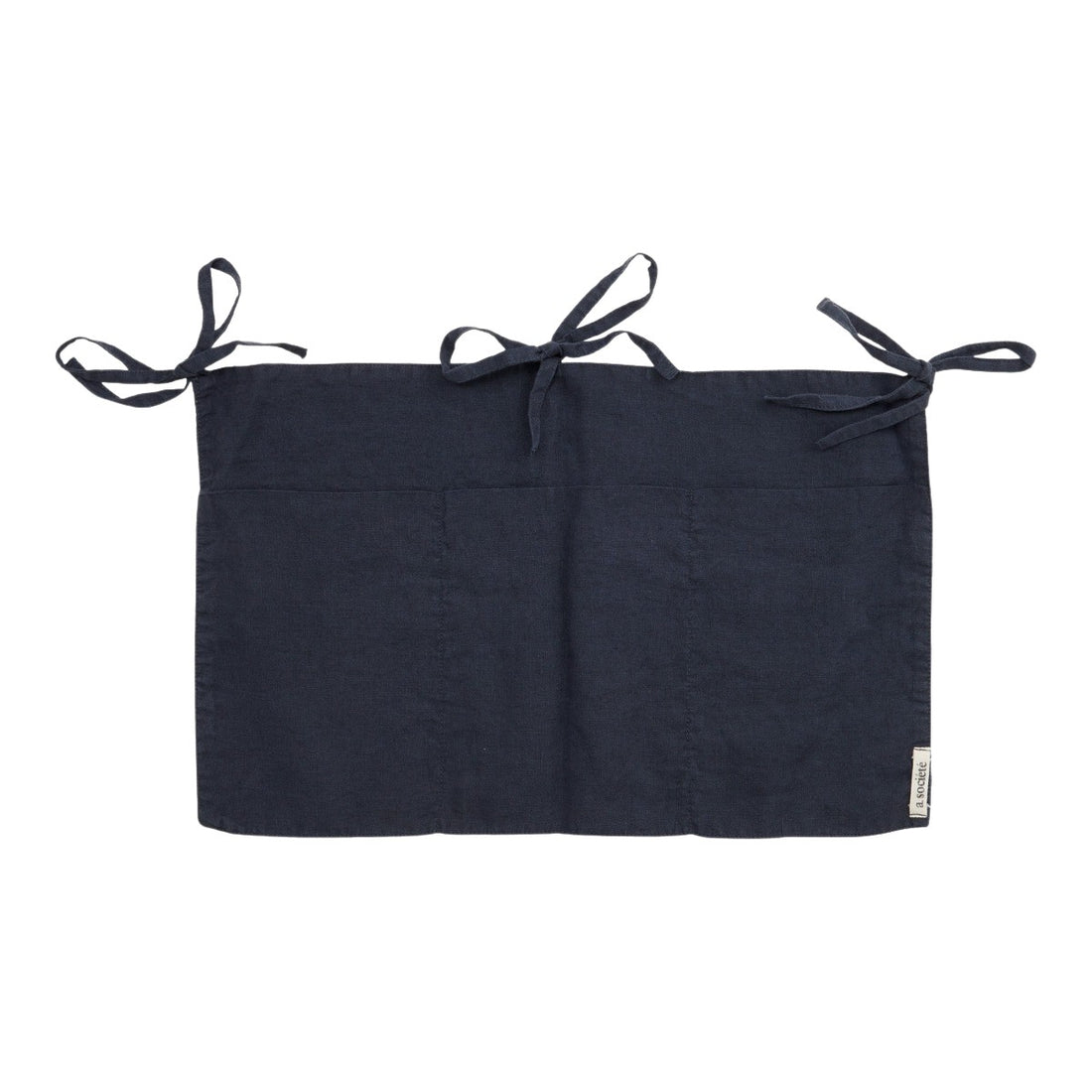 Hazel &amp; George Linen Bed Pocket in Off Black, a linen storage pocket with three ribbon ties and three compartments, on a white background
