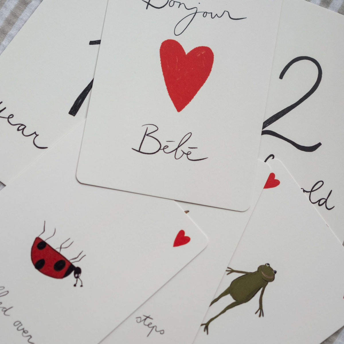Close-up of scattered Milestone Cards, including &