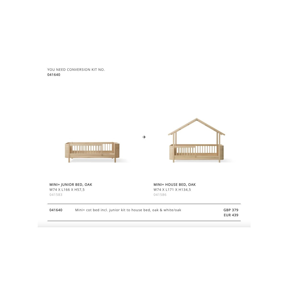 Oliver Furniture Conversion Set Mini+ Cot Bed Incl. Junior Kit To House Bed, Oak &amp; White/Oak – product view