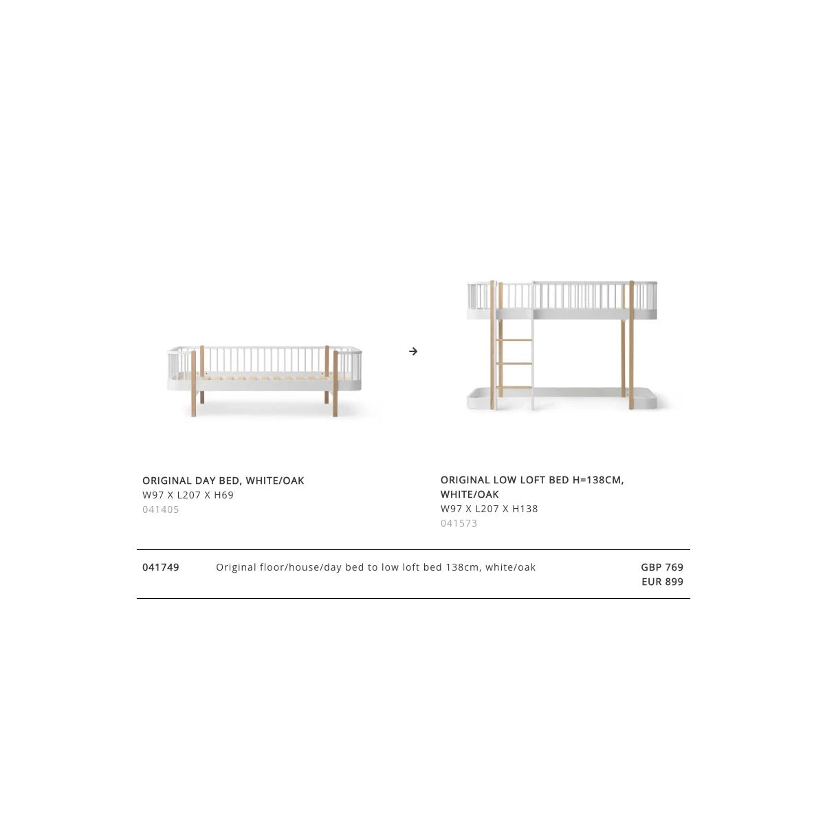 Oliver Furniture Conversion Set Original Day Bed To Low Loft Bed 138 cm, White/Oak – product view