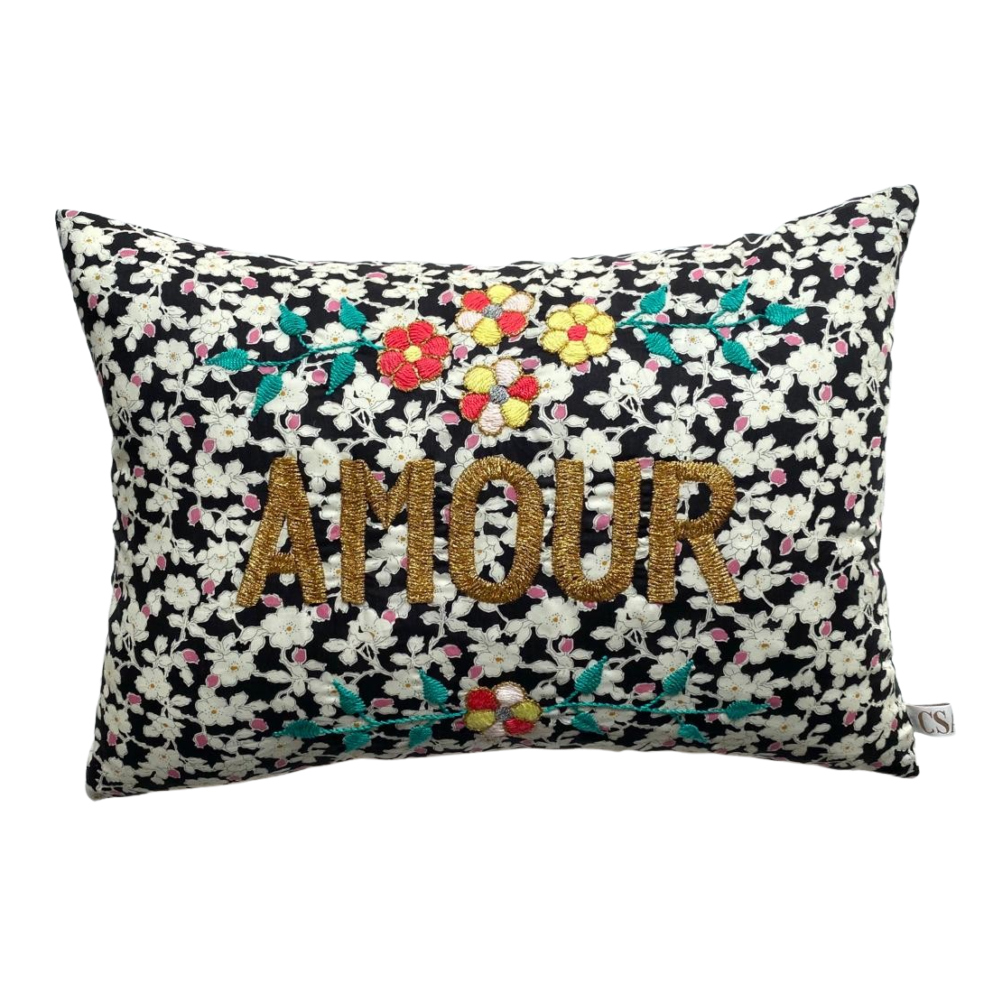 Amour Cushion Black Pink Flowers