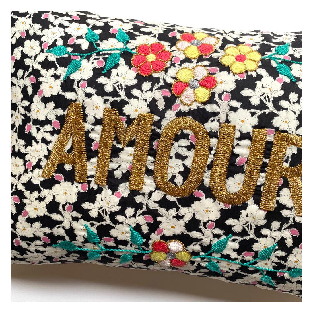 Amour Cushion Black Pink Flowers