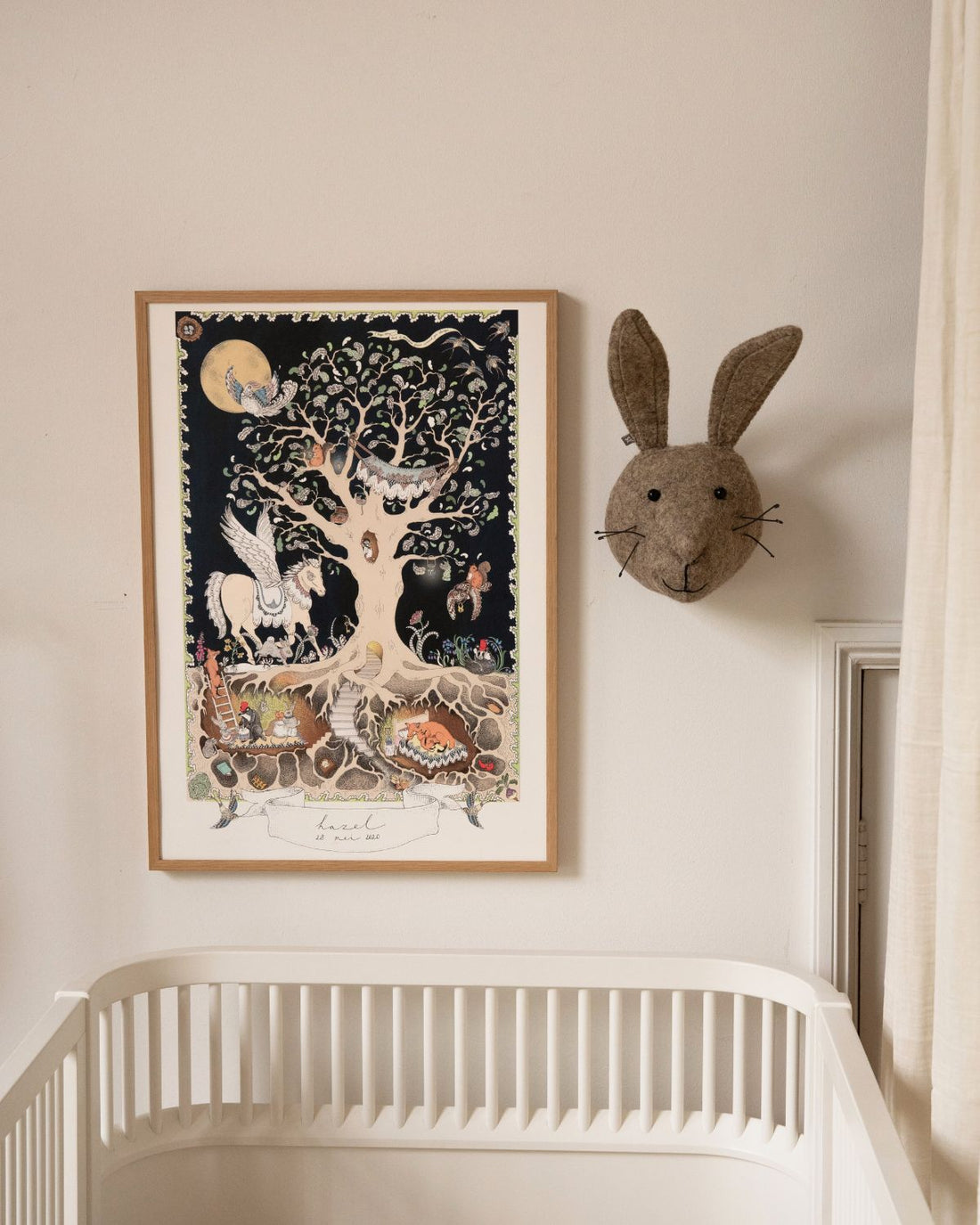 A personalized birth poster art print featuring the Enchanted Forest design, showing a magical nighttime scene of mythical woodland creatures with the child&