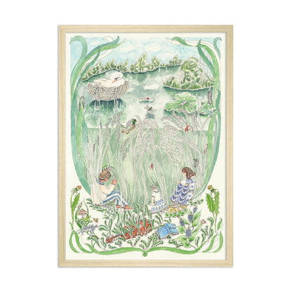 Hand-illustrated art print of a daytime pond scene by Forivor, showing a child studying tadpoles, fish darting about, and a violin resting in the grass.