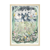 Hand-illustrated art print of a nighttime pond scene by Forivor, showing a frog, a swan-shaped boat carrying revellers, and children in caterpillar and butterfly costumes.