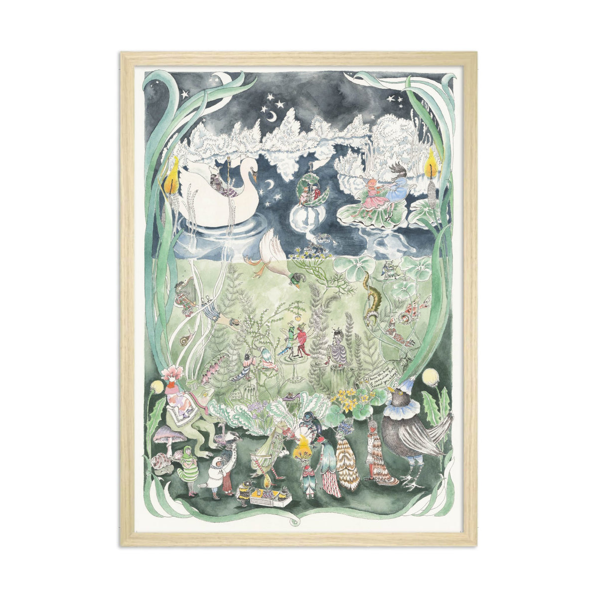 Hand-illustrated art print of a nighttime pond scene by Forivor, showing a frog, a swan-shaped boat carrying revellers, and children in caterpillar and butterfly costumes.