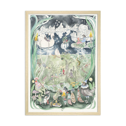Hand-illustrated art print of a nighttime pond scene by Forivor, showing a frog, a swan-shaped boat carrying revellers, and children in caterpillar and butterfly costumes.