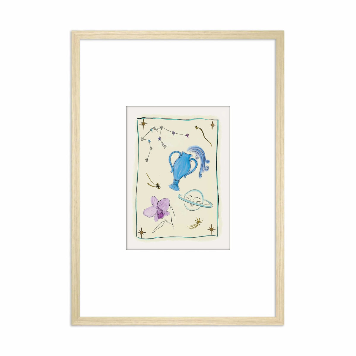 Ingelijste Hazel &amp; George Waterman-poster met een waterkruik, de planeet Uranus en een paarse bloem op een lichte achtergrond, in een lichte houten lijst