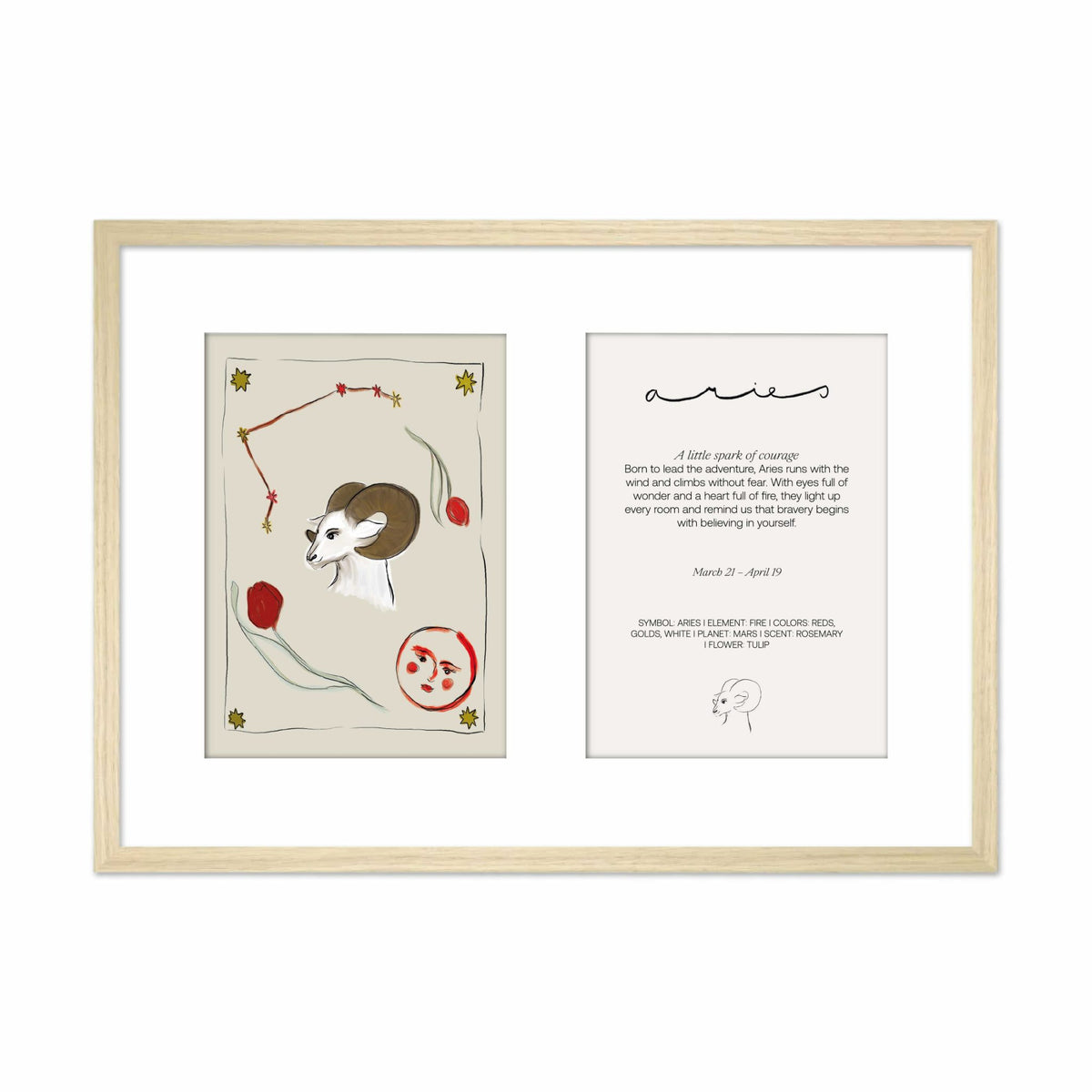 Ingelijste Hazel &amp; George Ram-poster met twee panelen in één lichte houten lijst: links de illustratie met ramskop en tulpen, rechts een tekstkaart met &
