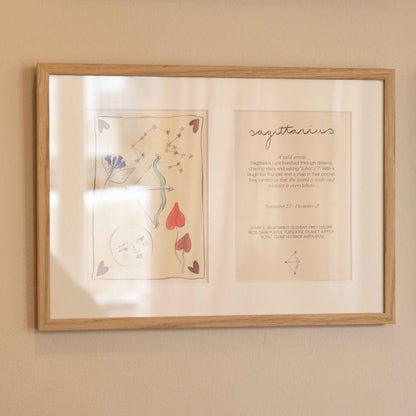 Ingelijste dubbele Hazel &amp; George Boogschutter-poster, schuin aan de wand gefotografeerd