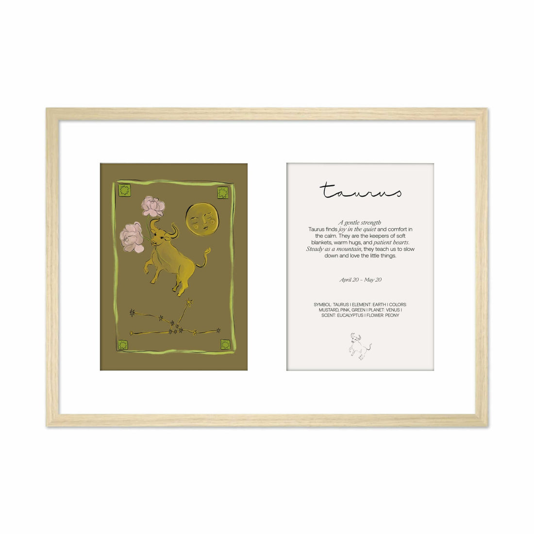 Framed Hazel &amp; George Taurus poster with two panels side by side: the bull illustration on the left, the &
