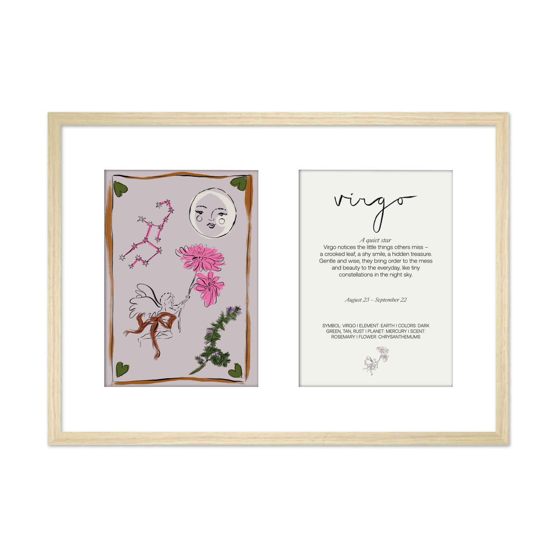 Ingelijste Hazel &amp; George Maagd-poster met twee panelen in één lichte houten lijst: links de illustratie met engel, bloemen en maangezicht, rechts een tekstkaart met &