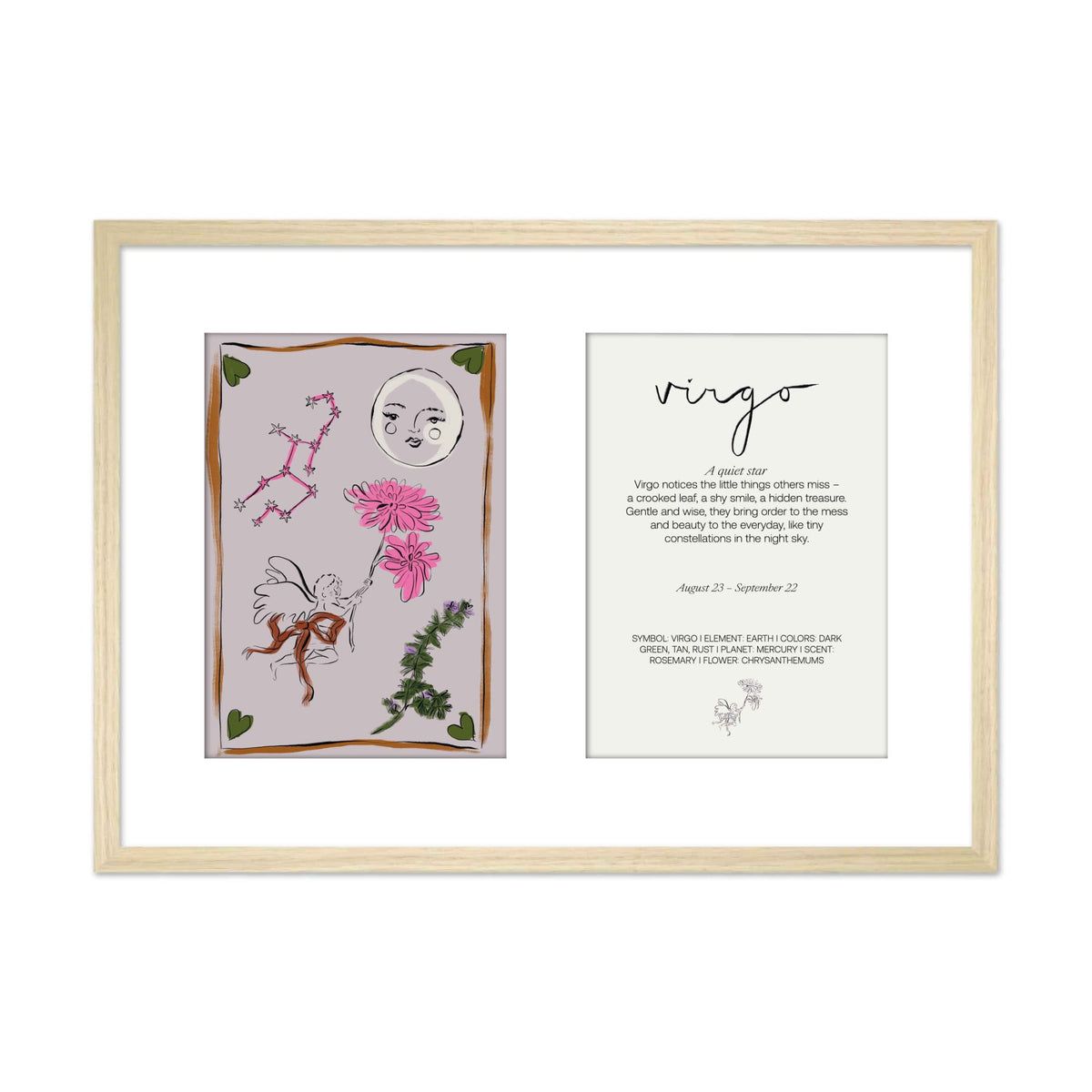 Ingelijste Hazel &amp; George Maagd-poster met twee panelen in één lichte houten lijst: links de illustratie met engel, bloemen en maangezicht, rechts een tekstkaart met &