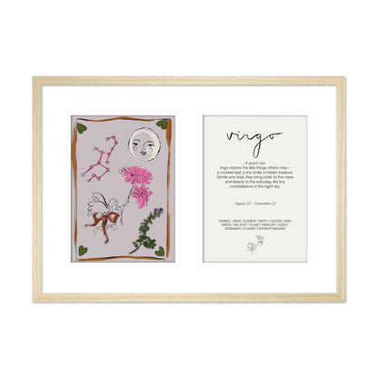 Ingelijste Hazel &amp; George Maagd-poster met twee panelen in één lichte houten lijst: links de illustratie met engel, bloemen en maangezicht, rechts een tekstkaart met &