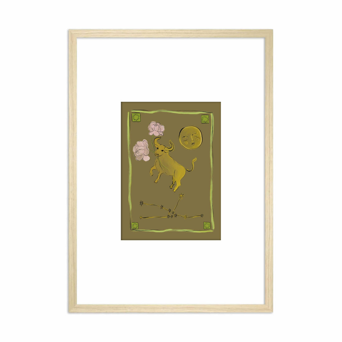 Framed Hazel &amp; George Taurus poster featuring an illustration of a golden bull among clouds and a moon, in a light wood frame with a white mat