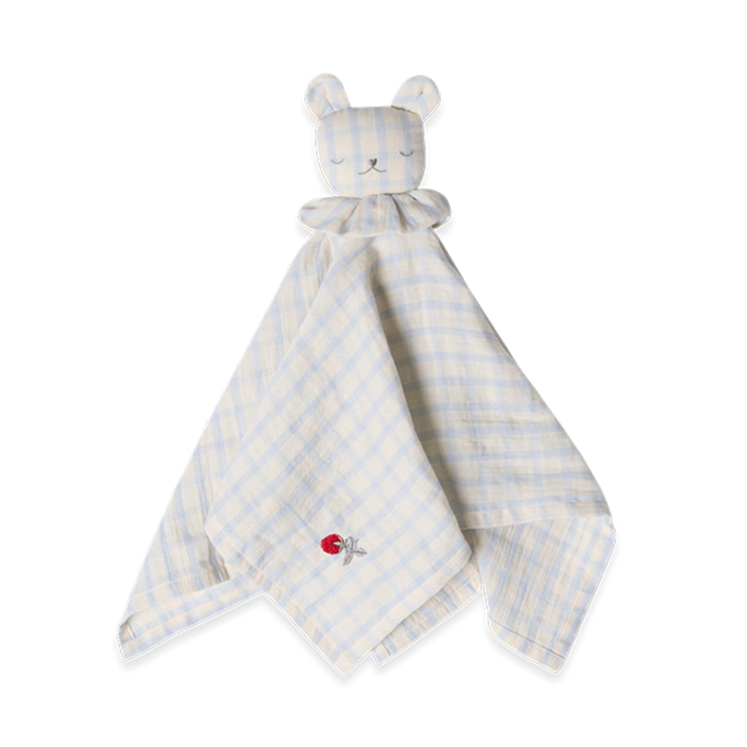 Garbo&amp;friends Muslin Bear Cuddle Cloth in Gingham Sky Blue, shown flat against a white background
