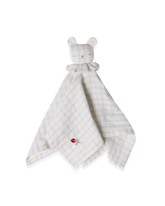 Garbo&friends Muslin Bear Cuddle Cloth in Gingham Sky Blue, shown flat against a white background